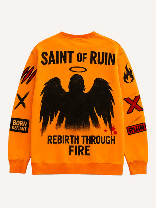 New printed crewneck sweatshirt that looks like a devil but is actually an angel