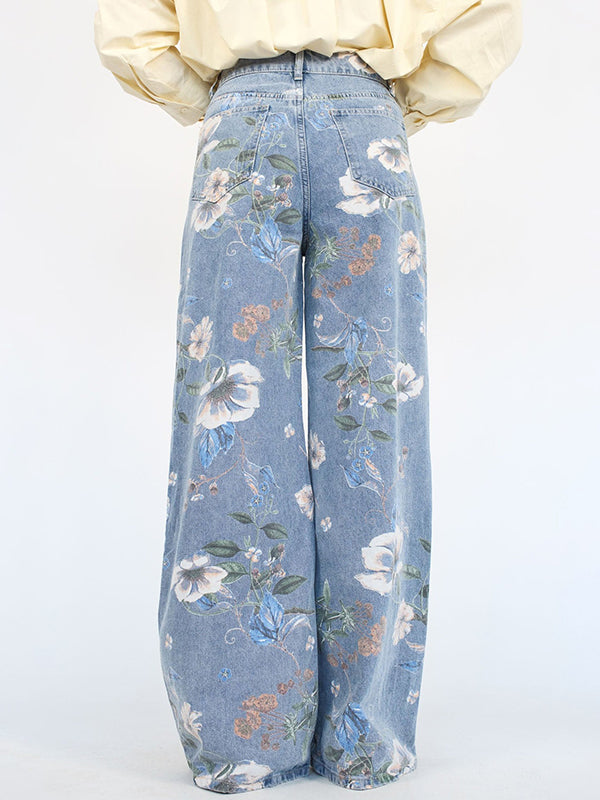 Printed Washed Pastoral Style Women's Casual Denim Pant