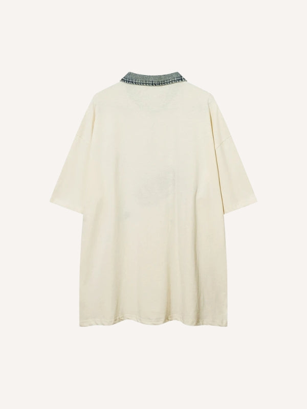 Letter Star Patches Denim Lapel Polo T-shirt