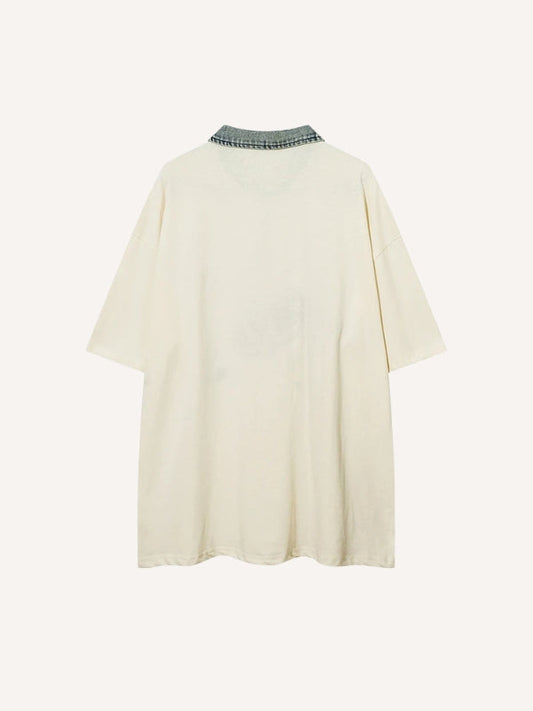 Letter Star Patches Denim Lapel Polo T-shirt