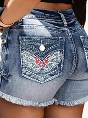 Denim Embroidered Wing Decor Sexy Short Jeans