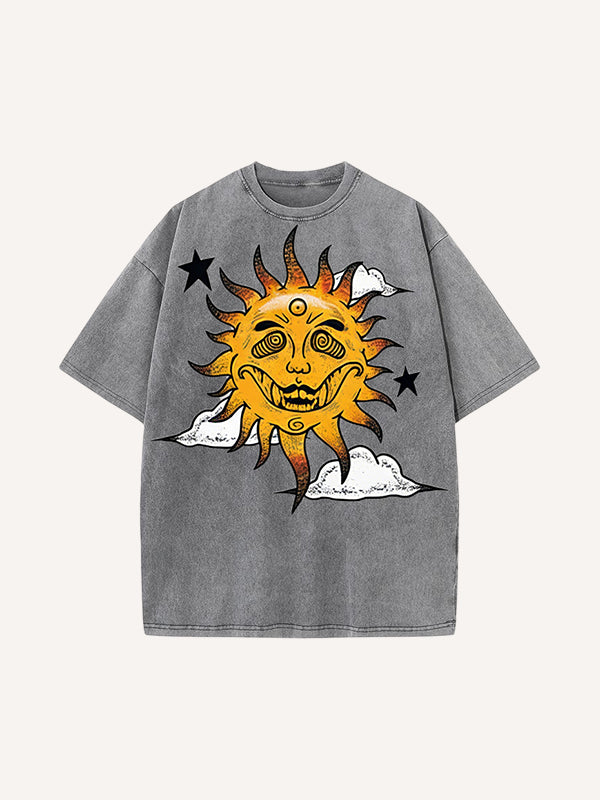 Unique Sun Printed Washed Short Sleeve