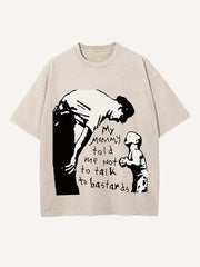 Distressed Washed Figure&Letter Print Round Neck T-shirt