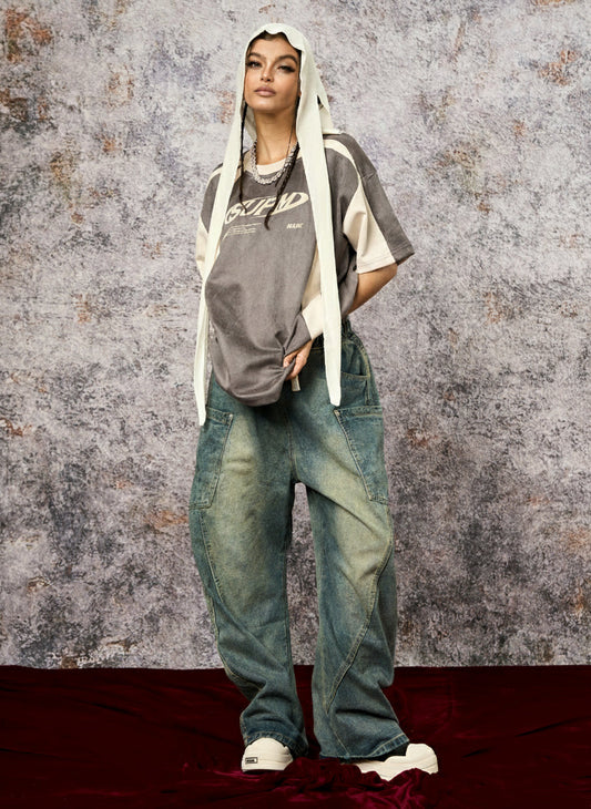 Jersey Deconstructed Contrast Color Stitching Print T-shirt