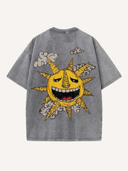 Distressed Washed Evil Moon&Sun&Star&Cloud Print Round Neck T-shirt