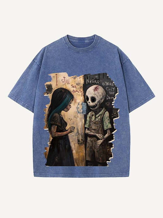 Distressed Washed Figure&Skeleton&Graphic&Letter Print Round Neck T-shirt