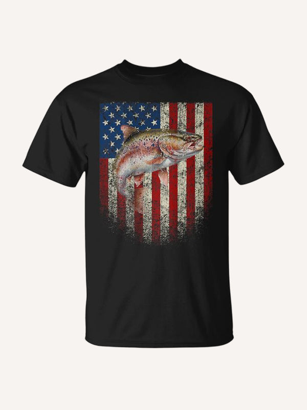 Art On Back American Usa Flag Trout Fish Fishing T-Shirt