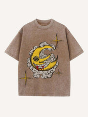 Distressed Washed Evil Moon&Sun&Star&Cloud Print Round Neck T-shirt