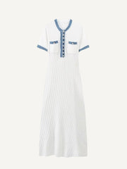 Luxury denim patchwork knit dress a celebrity-inspired style