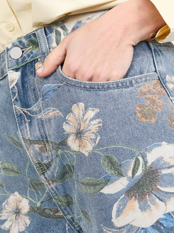 Printed Washed Pastoral Style Women's Casual Denim Pant