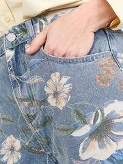 Printed Washed Pastoral Style Women's Casual Denim Pant