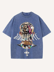 Distressed Washed Figure&Cross Print Round Neck T-shirt