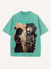 Distressed Washed Figure&Skeleton&Graphic&Letter Print Round Neck T-shirt