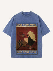 Distressed Washed Figure&Letter Print Round Neck T-shirt