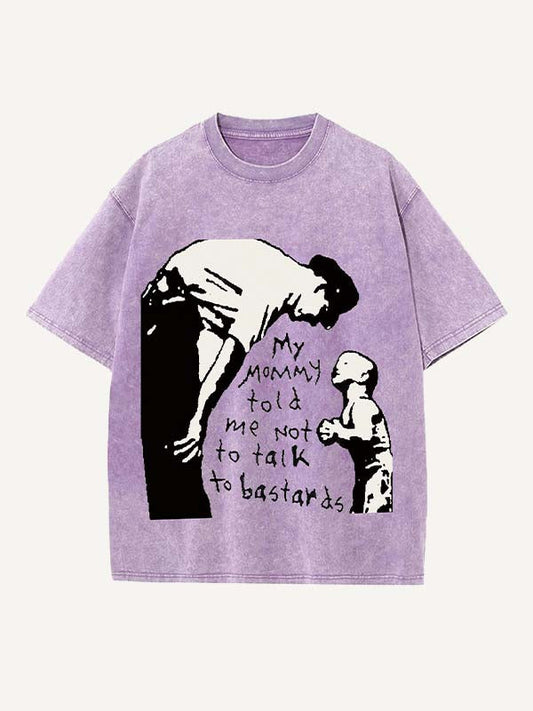 Distressed Washed Figure&Letter Print Round Neck T-shirt
