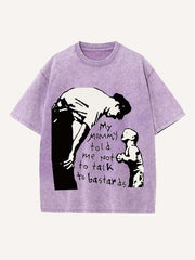 Distressed Washed Figure&Letter Print Round Neck T-shirt