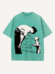 Distressed Washed Figure&Letter Print Round Neck T-shirt