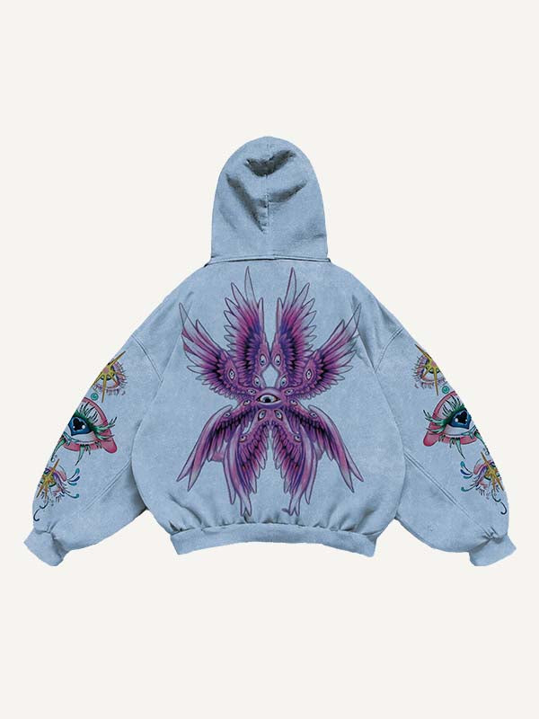 Eye Wing Print Slant Pockets Hoodie