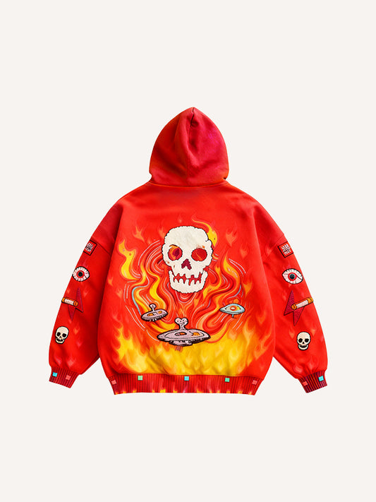 Passionate Classic Skull Print Maple Leaf Burning Y2K Hoodie