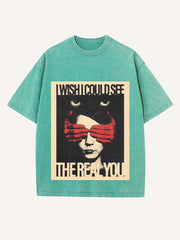 Distressed Washed Figure&Letter Print Round Neck T-shirt
