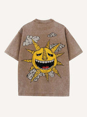 Distressed Washed Evil Moon&Sun&Star&Cloud Print Round Neck T-shirt