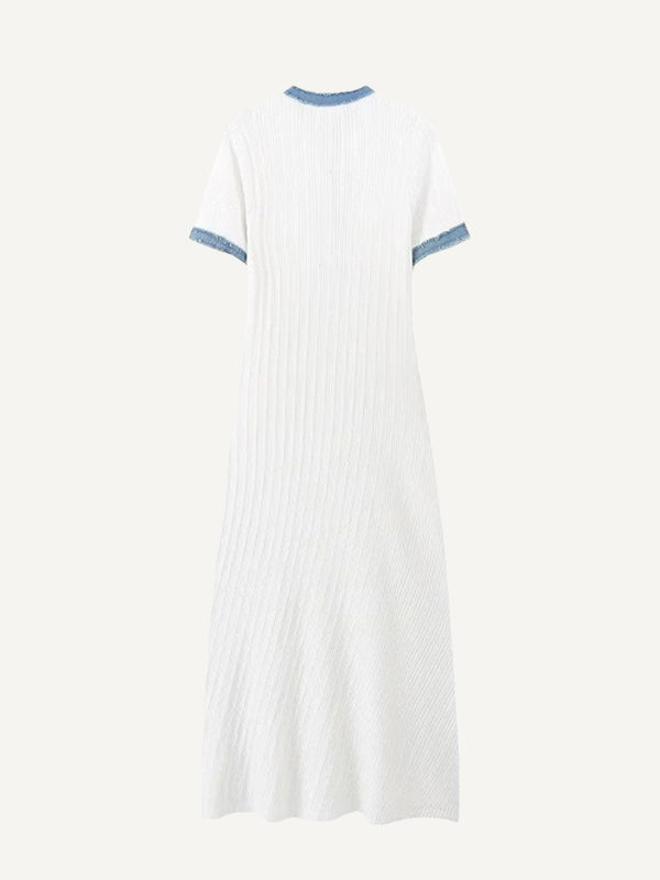 Luxury denim patchwork knit dress a celebrity-inspired style