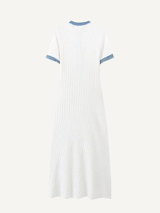 Luxury denim patchwork knit dress a celebrity-inspired style