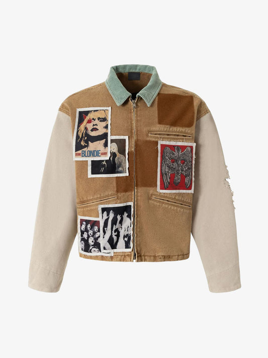 Punk Retro Collage Print Distressed Heavy Jacket