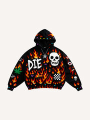 Passionate Classic Skull Print Maple Leaf Burning Y2K Hoodie