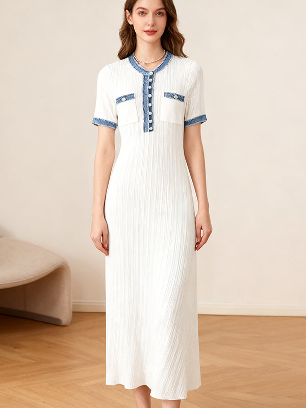 Luxury denim patchwork knit dress a celebrity-inspired style