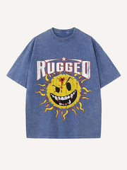 Distressed Washed Evil Sun&Letter Print Round Neck T-shirt
