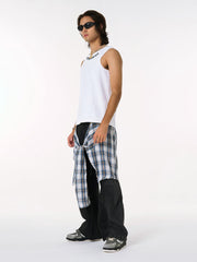 Denim Faux Two-piece Plaid Detachable Scimitar Jeans - 2435