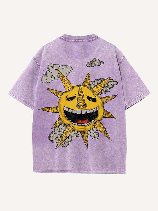 Distressed Washed Evil Moon&Sun&Star&Cloud Print Round Neck T-shirt