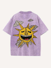 Distressed Washed Evil Moon&Sun&Star&Cloud Print Round Neck T-shirt