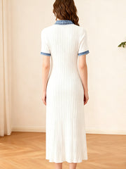 Luxury denim patchwork knit dress a celebrity-inspired style