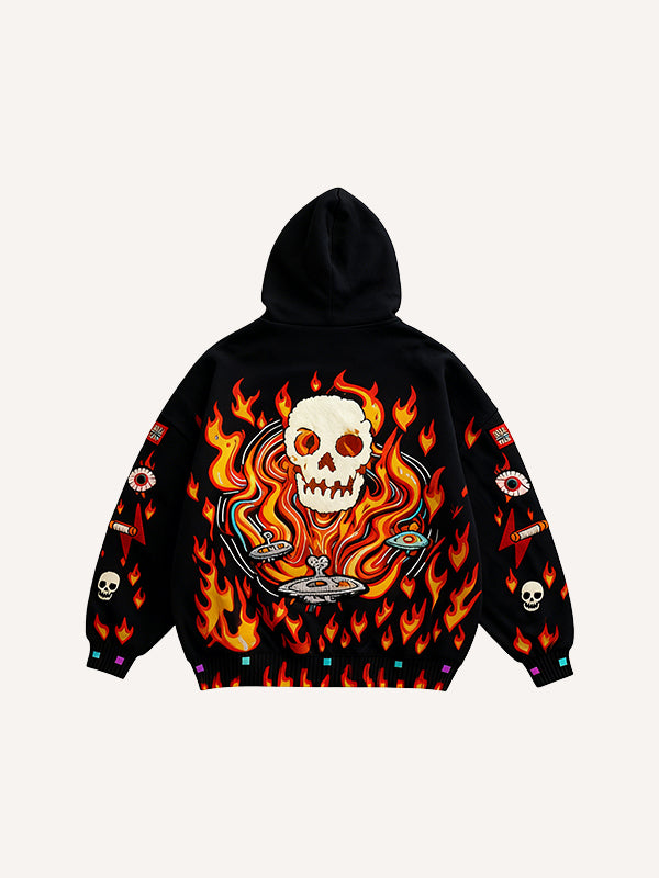 Passionate Classic Skull Print Maple Leaf Burning Y2K Hoodie