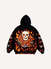 Passionate Classic Skull Print Maple Leaf Burning Y2K Hoodie