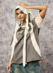 Jersey Deconstructed Contrast Color Stitching Print T-shirt