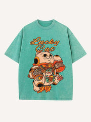 Distressed Washed Cat&Dragon&Animal&Graphic Print Round Neck T-shirt