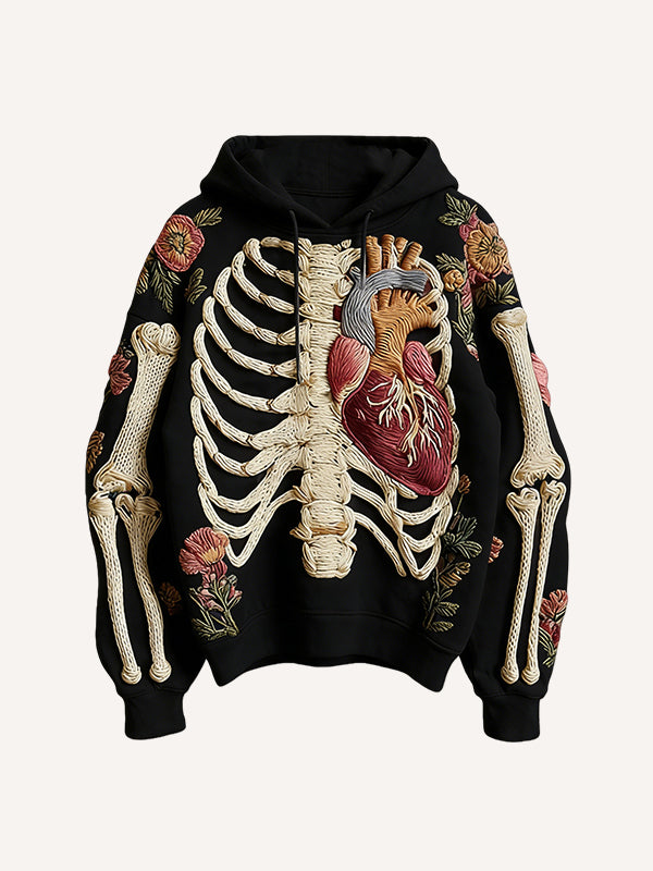 Knitted Heart Skeleton Printed Hooded Sweatshirt
