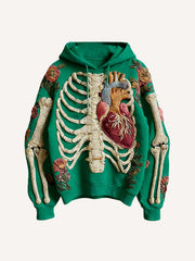 Knitted Heart Skeleton Printed Hooded Sweatshirt