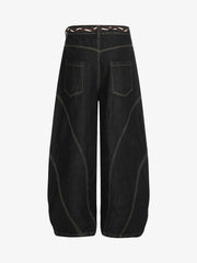 Denim Retro Belt Detail With Patchwork Barrel Jeans - 2490