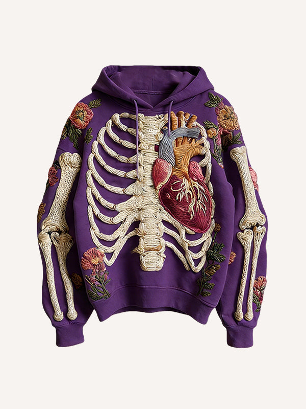 Knitted Heart Skeleton Printed Hooded Sweatshirt