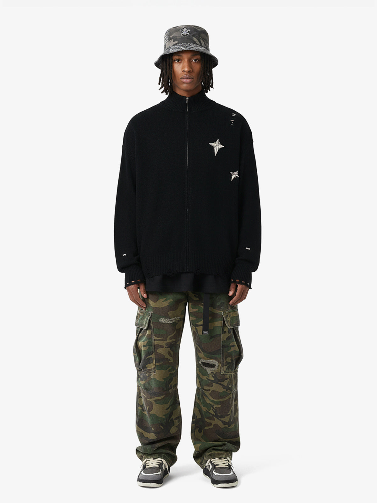 Woven Ripped Camouflage Flared Cargo Pants - 2410