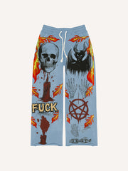 Skull print distressed trendy trousers
