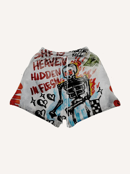 Street Artist Comfortable Graffiti Distressed Print Shorts