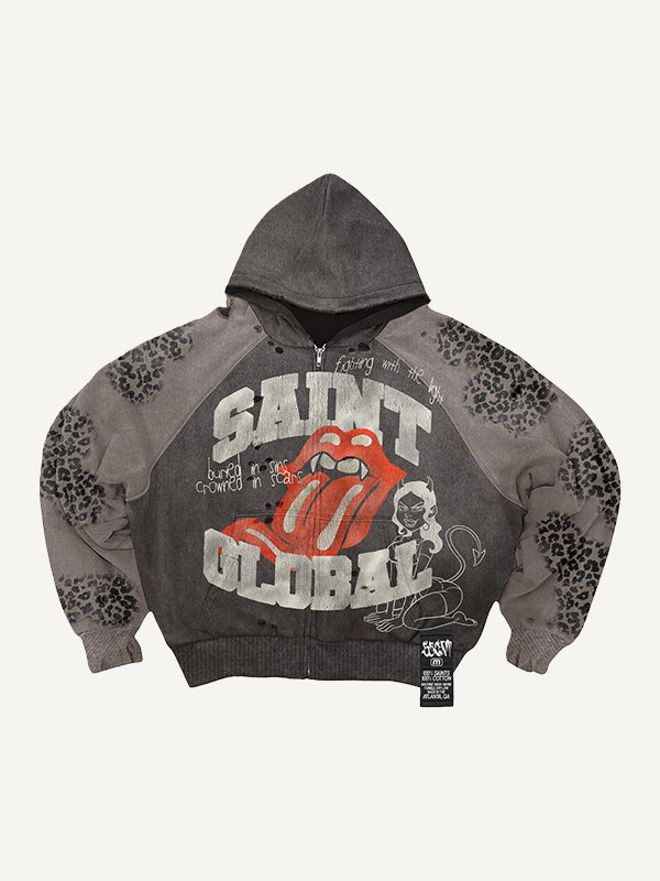 Washed distressed red lip hooded sweatshirt