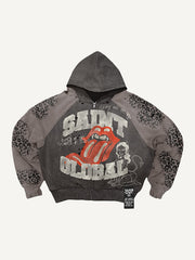 Washed distressed red lip hooded sweatshirt