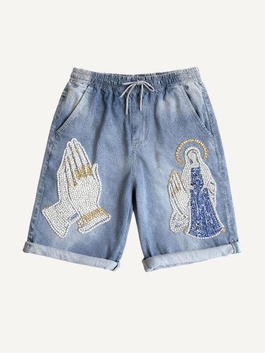 Washed Denim Praying Hands Beaded Madonna Shorts