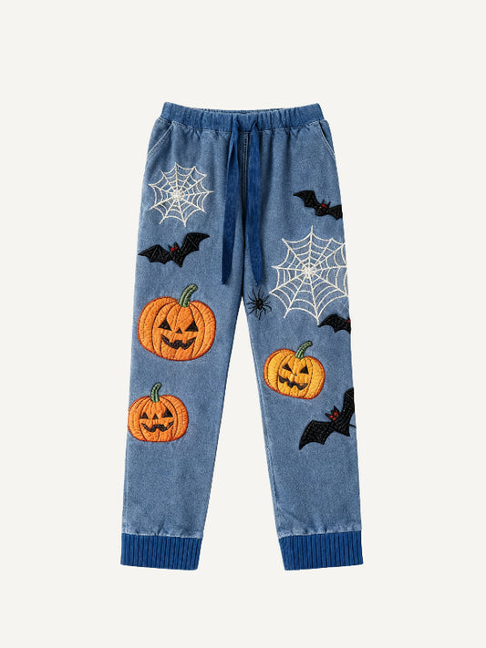 V-neck washed denim patch printed Halloween trousers
